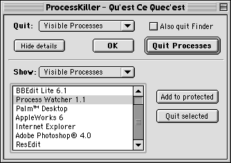 Screen shot showing visible process list