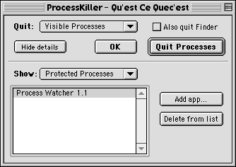 Screen shot showing protected process list